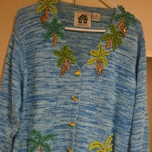 Storybook Knits Blue Cardigan with Palm Tree Design